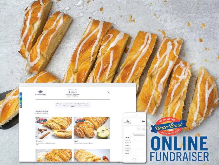 Cream Cheese Butter Braid Pastry with images of online store overtop and "Online Fundraiser" in the corner